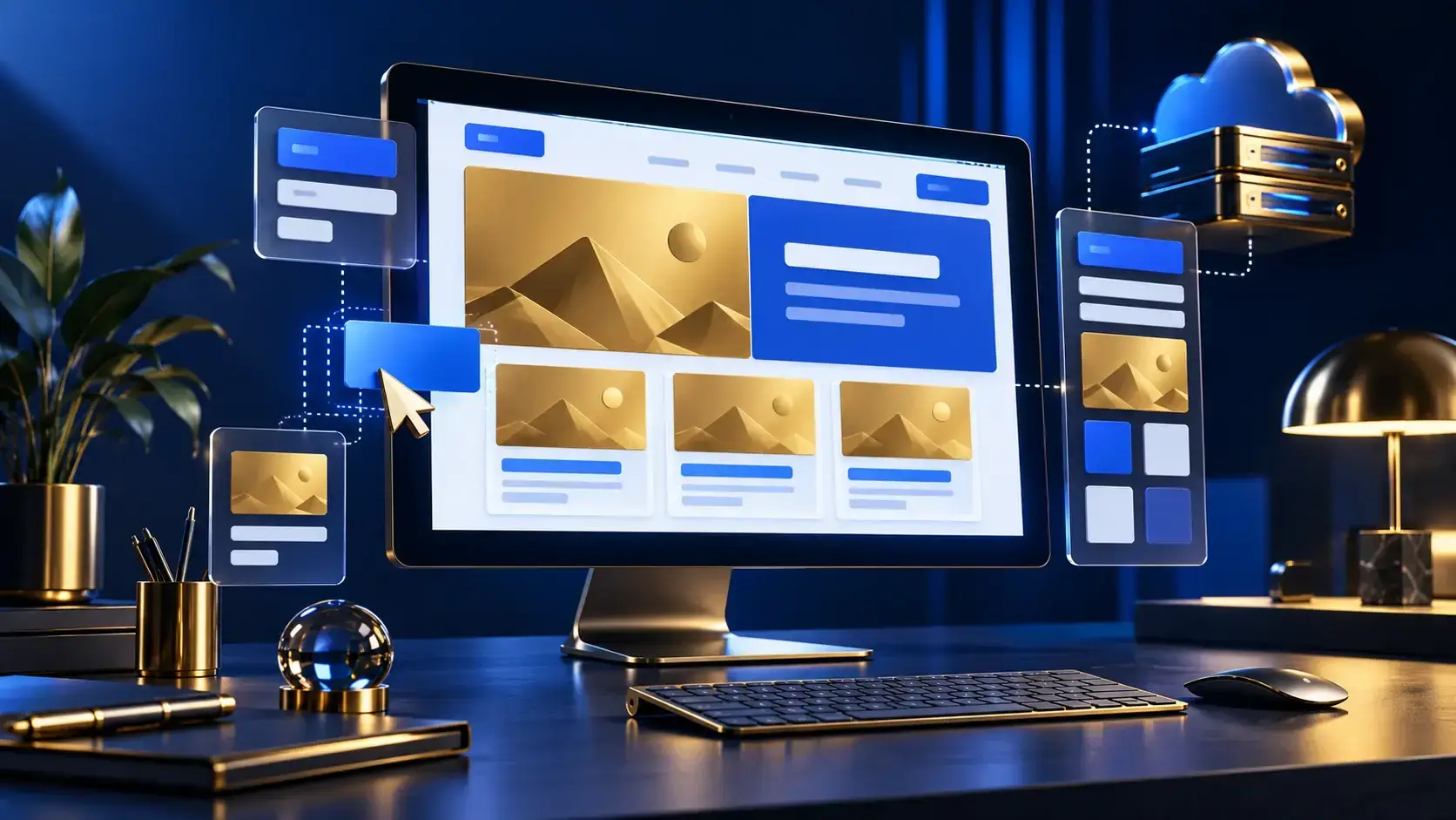 Desktop monitor displaying a website layout beside floating page panels and cloud servers.