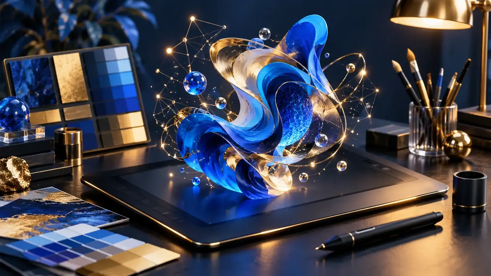 Drawing tablet and stylus beneath an abstract blue-and-gold sculpture, surrounded by color swatches.