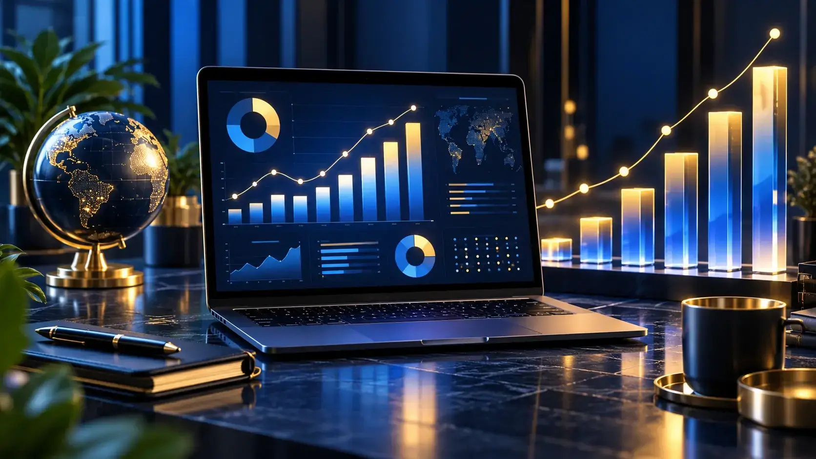 Laptop displaying charts beside illuminated blue-and-gold bars and a globe.