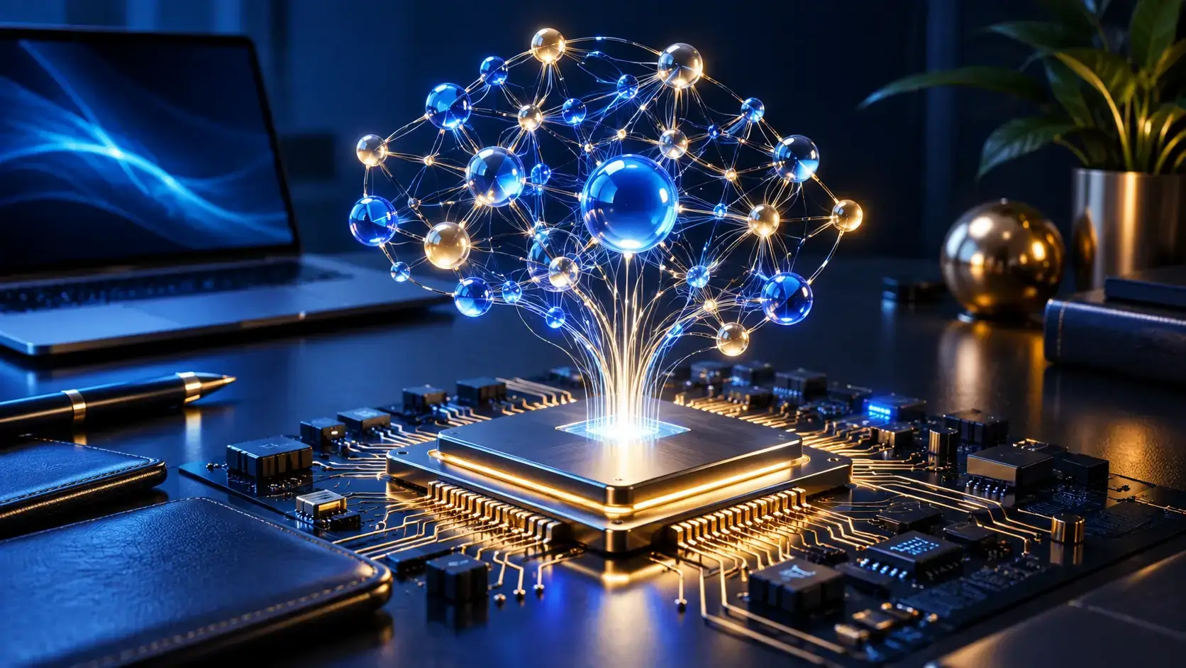 Glowing blue-and-gold network of glass nodes rising from a processor on a circuit board.