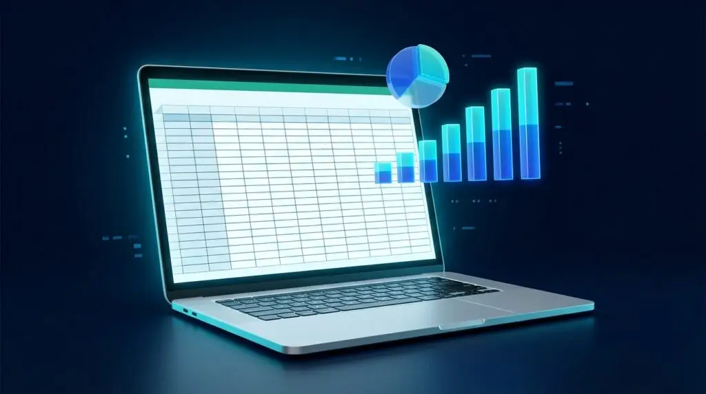 Illustration of a laptop showing a spreadsheet with blue data charts