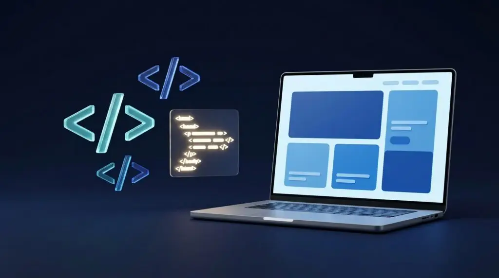 Illustration of a laptop displaying a website beside HTML code symbols
