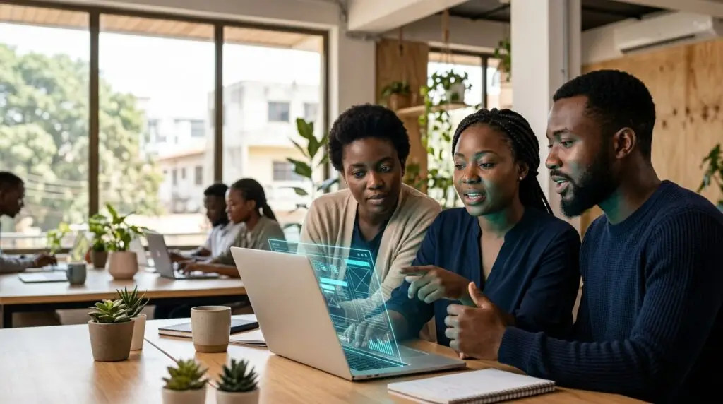 Fictional African adult learners sharing ideas around a laptop