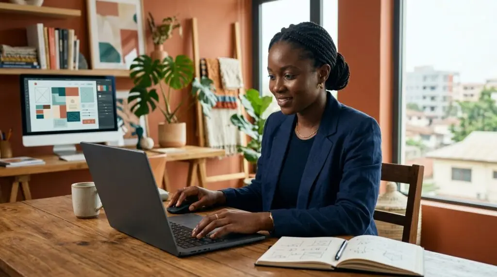 Fictional African designer building a website on a laptop in a bright studio